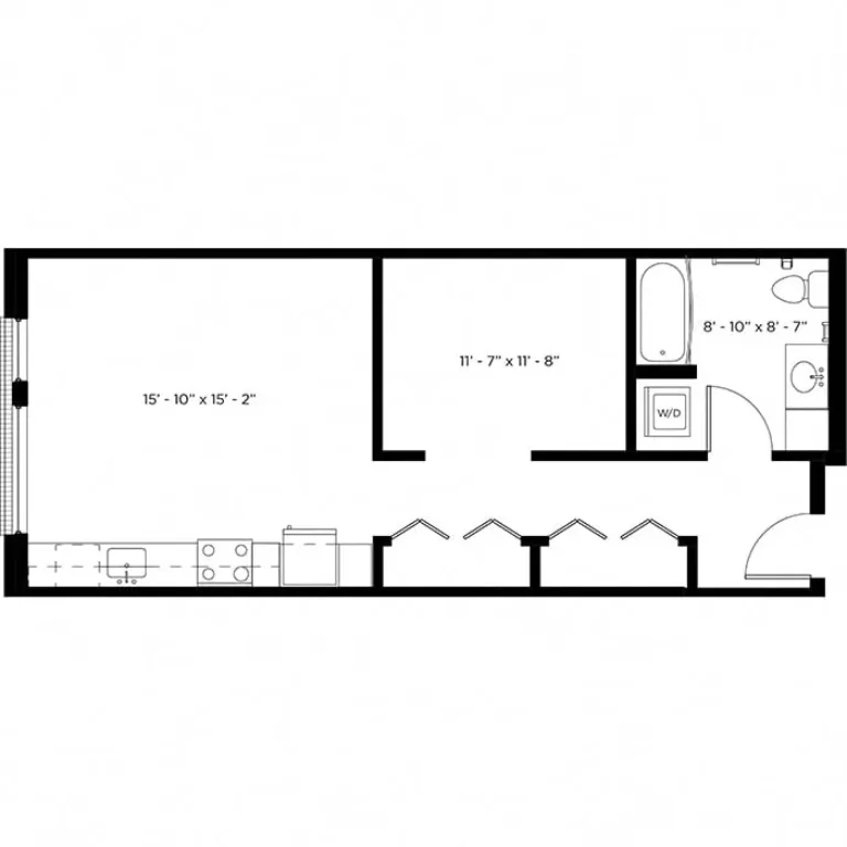 Floor plan with 1 bedroom, featuring a combined living and dining area, kitchen with appliances, a bathroom with a bathtub, and in-unit washer and dryer.