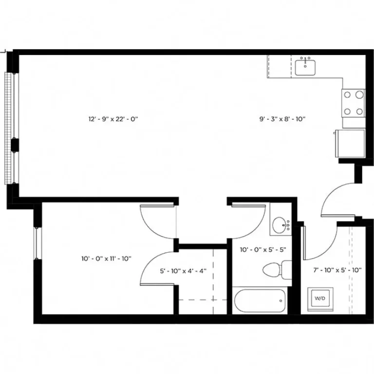 Floor plan of a one-bedroom apartment, featuring a large living area measuring 12 feet 9 inches by 22 feet, an adjoining kitchen space, a bedroom measuring 10 feet by 11 feet 10 inches, a bathroom, and a small laundry area with washer/dryer hookups.