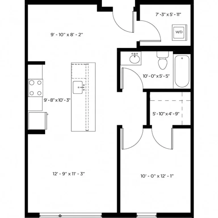 Floor plan of a one-bedroom apartment featuring a living room, kitchen with an island, a bathroom, and a laundry area with a washer/dryer.