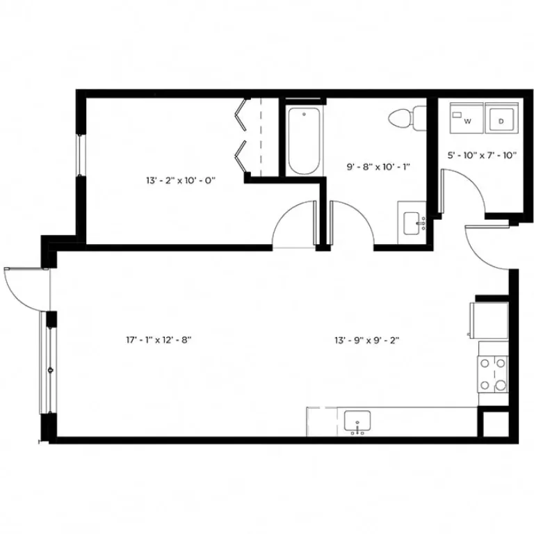 Floor plan of a one-bedroom apartment featuring a bedroom measuring 13' 2" x 10', a living area of 17' 1" x 12' 8", a kitchen, a bathroom of 9' 8" x 10' 1", and a small laundry room area of 5' 10" x 7' 10".