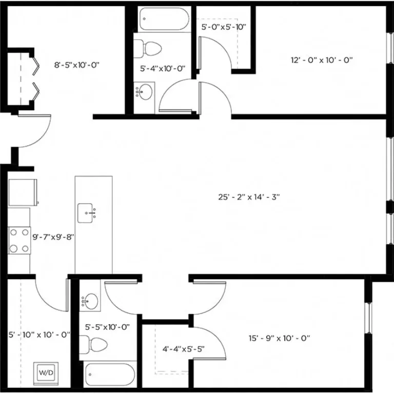 Floor plan of a two-bedroom apartment featuring a kitchen with dimensions of 9'-7" x 9'-8", a living room measuring 25'-2" x 14'-3", a first bedroom sized 12'-0" x 10'-0", a second bedroom measuring 15'-9" x 10'-0", two bathrooms, and a washer/dryer area.