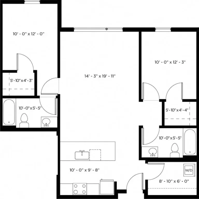 Floor plan with two bedrooms, each approximately 10 feet by 12 feet, and two bathrooms; features a living area measuring 14 feet 3 inches by 19 feet 11 inches, a kitchen space, and a small laundry area marked W/D.