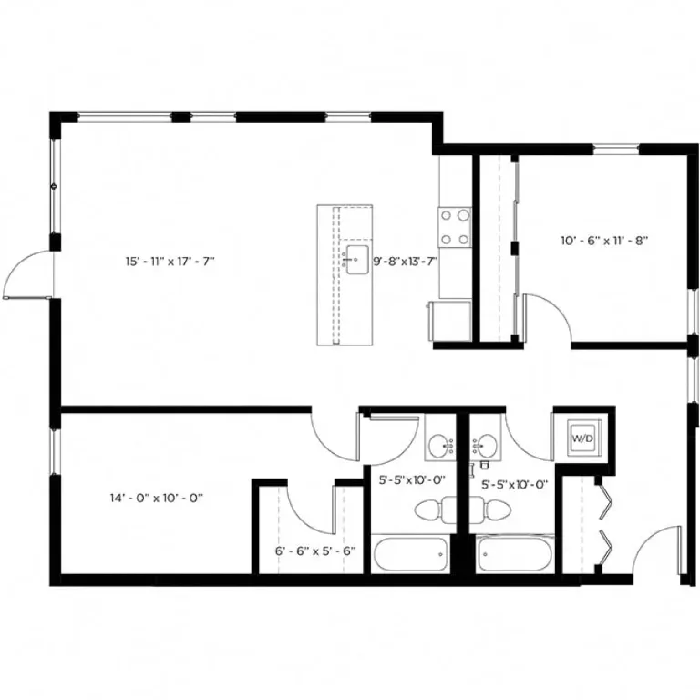Floor plan featuring one bedroom, a combined living and dining area measuring 15' 11" x 17' 7", a kitchen with an island, a bathroom, and a separate laundry area including a washer and dryer space.