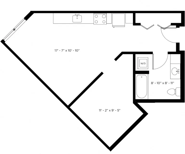 Floor plan of a one-bedroom apartment, featuring a kitchen and living area measuring 17' 7" x 10' 10", a bedroom measuring 11' 2" x 9' 5", and a bathroom measuring 8' 10" x 8' 11". The layout includes a washer and dryer in the bathroom area.