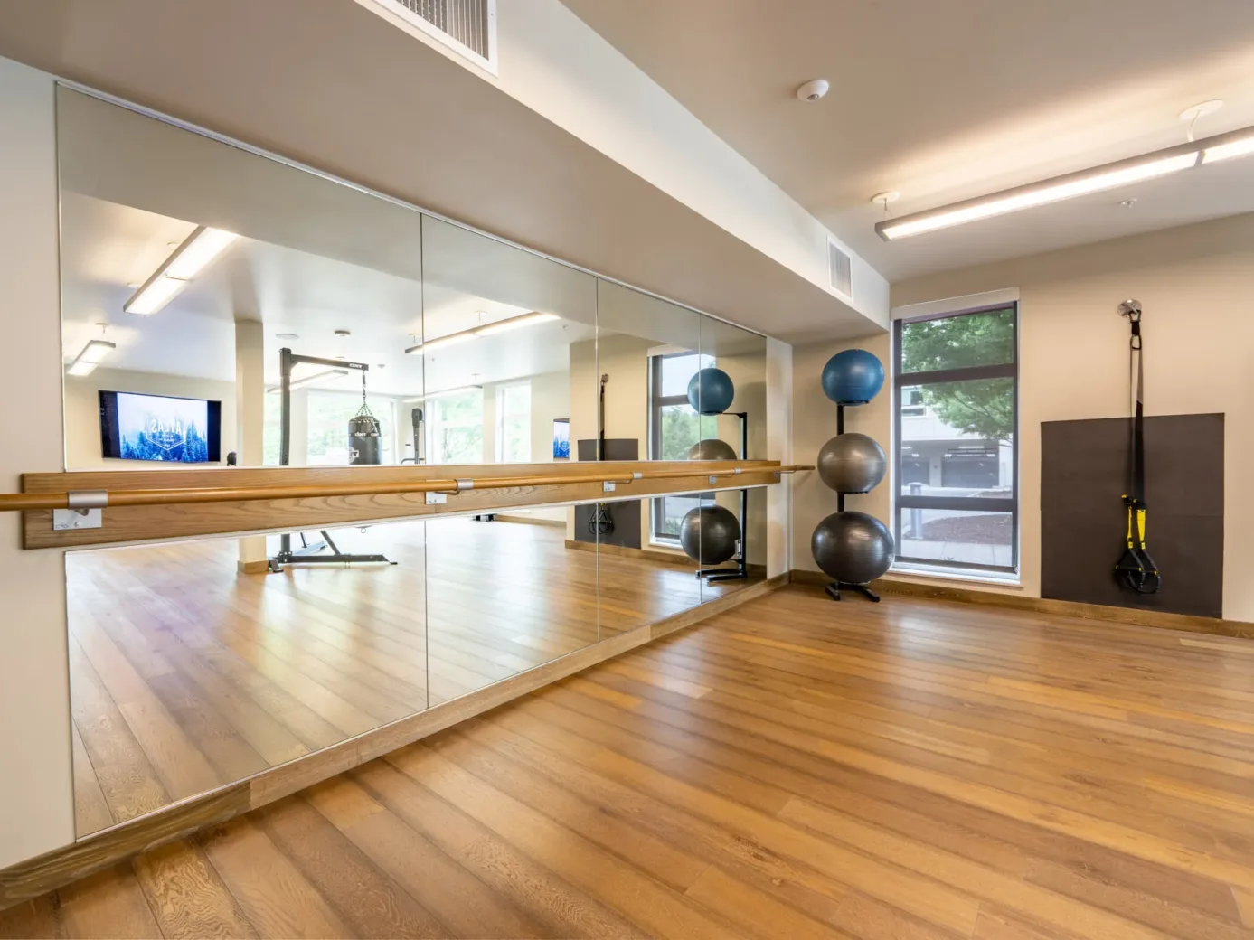 Apartment fitness area with wooden floors, mirrors, exercise equipment, and large windows.