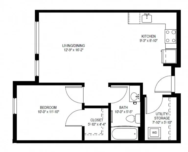 Floor plan of a one-bedroom apartment featuring a bedroom measuring 10'-0" x 11'-10", a living/dining area of 12'-9" x 16'-2", a kitchen of 9'-3" x 8'-10", a bathroom sized 10'-0" x 5'-5", closet space of 5'-10" x 4'-4", and a utility/storage area of 7'-10" x 5'-10" with washer/dryer.